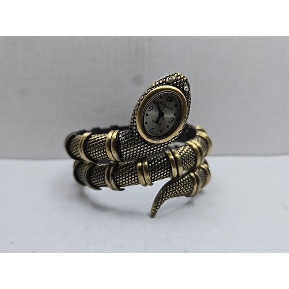 Kenneth Jay Lane Snake Bracelet Watch Brass Tone Quartz New Battery Wrap Cuff